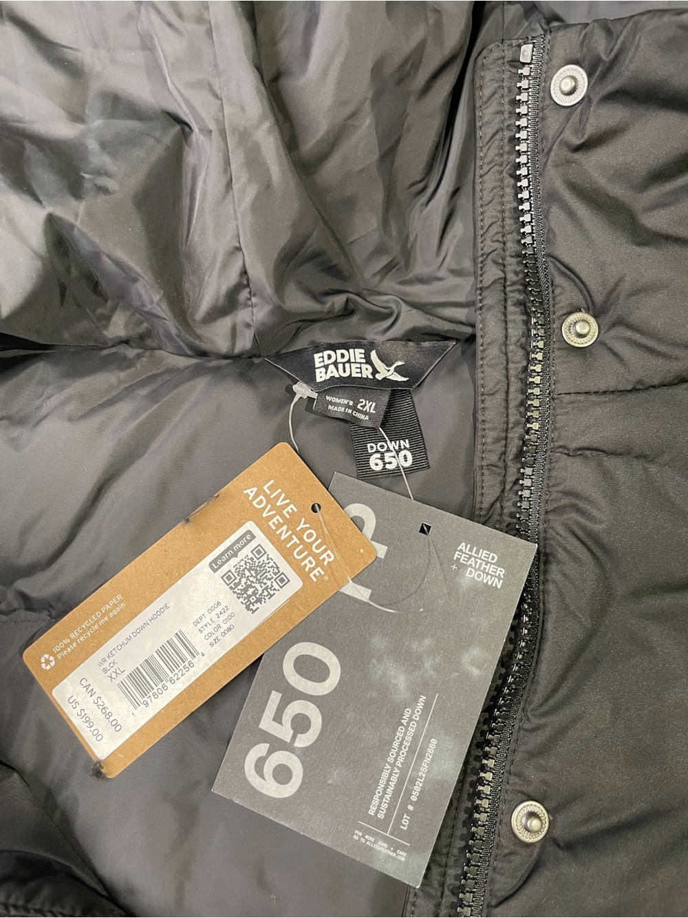 NWT Eddie Bauer Women's XXL Ketchum 650-fill premium down Black Hoodie - Picture 6 of 8